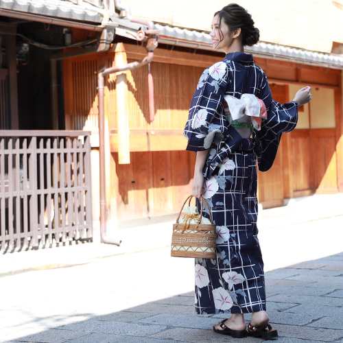 浴衣 セット レトロ 大人 レトロモダン 高級変わり織り綿浴衣3点セット 紺地に白朝顔と破れ格子 浴衣 紺 青 朝顔 格子 モダン トールサの通販はau Pay マーケット なでしこ