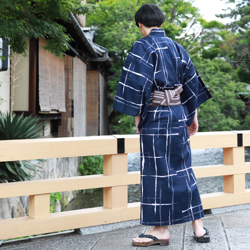 浴衣 メンズ セット 男物高級綿浴衣3点セット「紺地に白・グレーの格子」父の日ギフト 財布 男性 男 レトロ 大人 高級綿浴衣 角帯 下駄 M L LL_12
