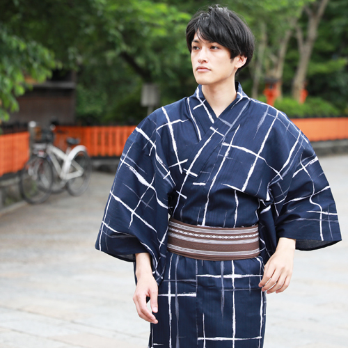 浴衣 メンズ セット 男物高級綿浴衣3点セット「紺地に白・グレーの格子」父の日ギフト 財布 男性 男 レトロ 大人 高級綿浴衣 角帯 下駄 M L LL 浴衣 メンズ セット 男物高級綿浴衣3点セット「紺地に白・グレーの格子