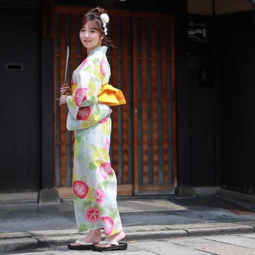 浴衣 セット レトロ 高級変わり織り綿麻浴衣3点セット「生成り地にピンク・黄色の朝顔」浴衣 生成り 朝顔 浴衣帯 黄色 レディース 古典柄|au PAY マーケット