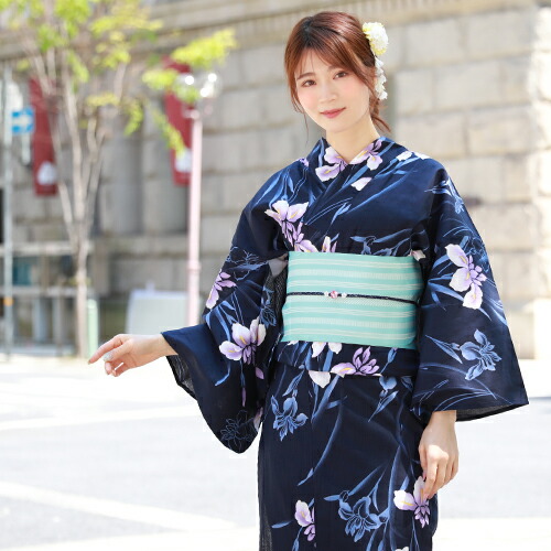 紺はちす帯つき◇紺アヤメ菖蒲の品ある涼しゆかた◇着物としても着用可