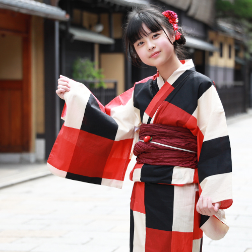 浴衣 セット ジュニア レディース 変わり織り綿浴衣３点セット 「赤・黒・クリームの大格子」 へこ帯 Sサイズ 2021 浴衣セット ジュニア 子供 レトロ モダン 150cm 140cm_12