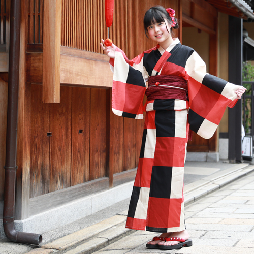 浴衣 セット ジュニア レディース 変わり織り綿浴衣３点セット 「赤・黒・クリームの大格子」 へこ帯 Sサイズ 2021 浴衣セット ジュニア 子供 レトロ モダン 150cm 140cm_4