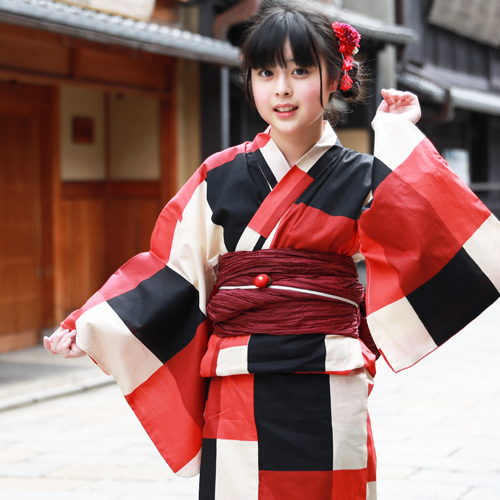 浴衣 セット ジュニア レディース 変わり織り綿浴衣３点セット 「赤・黒・クリームの大格子」 へこ帯 Sサイズ 2021 浴衣セット ジュニア 子供 レトロ モダン 150cm 140cm_5