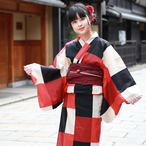 浴衣 セット ジュニア レディース 変わり織り綿浴衣３点セット 「赤・黒・クリームの大格子」 へこ帯 Sサイズ 2021 浴衣セット ジュニア 子供 レトロ モダン 150cm 140cm_6