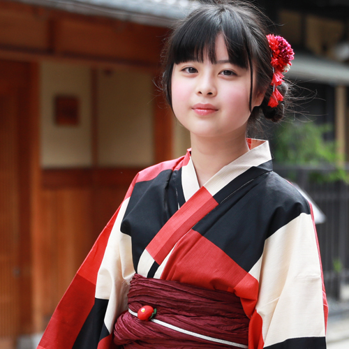 浴衣 セット ジュニア レディース 変わり織り綿浴衣３点セット 「赤・黒・クリームの大格子」 へこ帯 Sサイズ 2021 浴衣セット ジュニア 子供 レトロ モダン 150cm 140cm_7