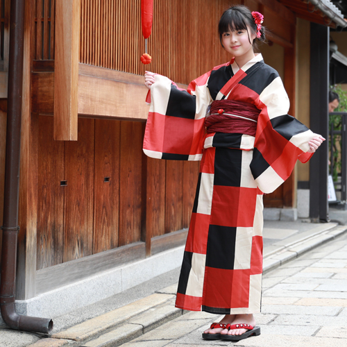 浴衣 セット ジュニア レディース 変わり織り綿浴衣３点セット 「赤・黒・クリームの大格子」 へこ帯 Sサイズ 2021 浴衣セット ジュニア 子供 レトロ モダン 150cm 140cm_8