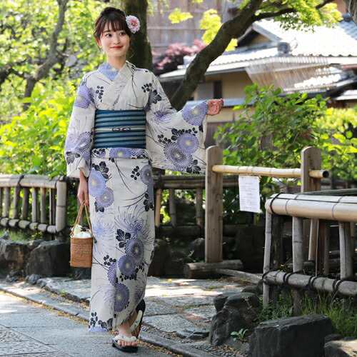 浴衣 単品 レトロ 高級変わり織り綿麻浴衣単品「生成り地に紫の