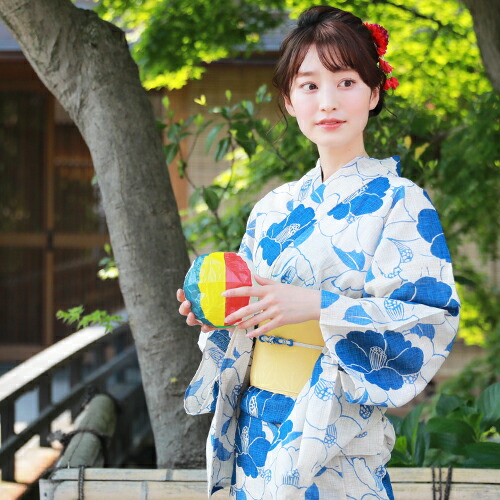 浴衣 単品 レトロ 高級変わり織り綿麻浴衣単品「生成り地に青の