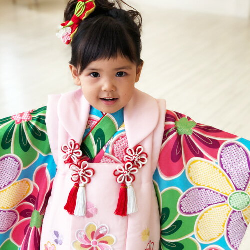 ３歳 七五三着物と被布 七五三 着物 3歳 レンタル 女の子 被布着物8点セット「水色地にねじり菊/