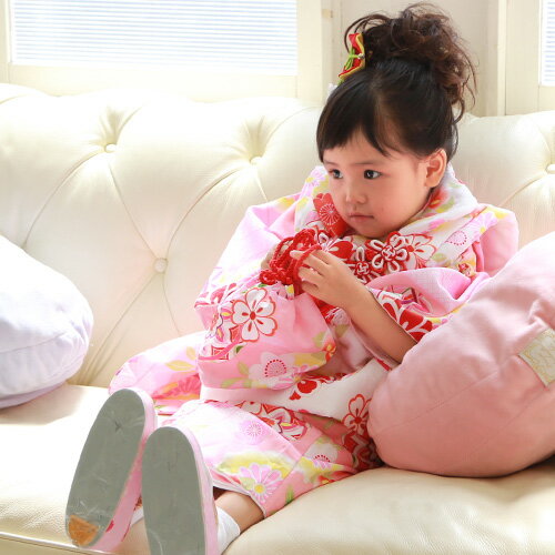 3歳 女の子 着物ピンク七五三矢絣