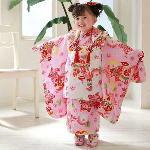 七五三 着物 3歳 レンタル 女の子 被布着物8点セット ピンク地に桃と菊