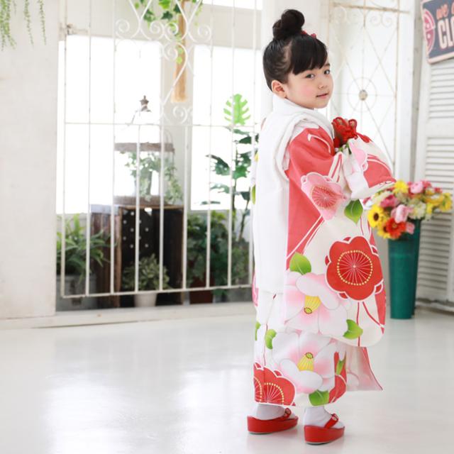 【レンタル】当店オリジナル 七五三 着物 3歳 レンタル 女の子 被布着物10点セット「白・赤ピンク地に梅と椿(白)」レトロ 衣装 おすすめ レトロ おしゃれ 古典柄 安い 大正ロマン 刺繍_6