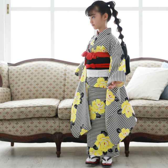 七五三 着物 7歳 フルセット 購入 販売「白・黒のストライプに黄色の花