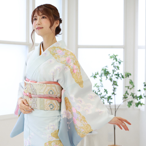 訪問着 レンタル 19点フルコーディネートレンタルセット「水色地に金の雲取りと花」結婚式 入学式 七五三 ママ 訪問着 レンタル 19点フルコーディネートレンタルセット「水色地に金の雲取りと花」結婚式 入学式 七五三 ママ