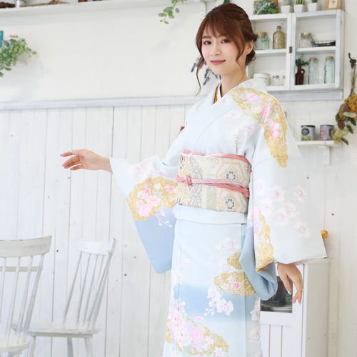 訪問着 レンタル 19点フルコーディネートレンタルセット「水色地に金の雲取りと花」結婚式 入学式 七五三 ママ 訪問着 レンタル 19点フルコーディネートレンタルセット「水色地に金の雲取りと花」結婚式 入学式 七五三 ママ