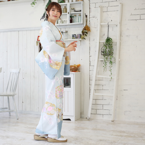 訪問着 レンタル 19点フルコーディネートレンタルセット「水色地に金の雲取りと花」結婚式 入学式 七五三 ママ 訪問着 レンタル 19点フルコーディネートレンタルセット「水色地に金の雲取りと花」結婚式 入学式 七五三 ママ