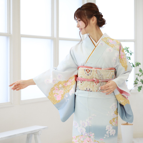 訪問着 レンタル 19点フルコーディネートレンタルセット「水色地に金の雲取りと花」結婚式 入学式 七五三 ママ 訪問着 レンタル 19点フルコーディネートレンタルセット「水色地に金の雲取りと花」結婚式 入学式 七五三 ママ