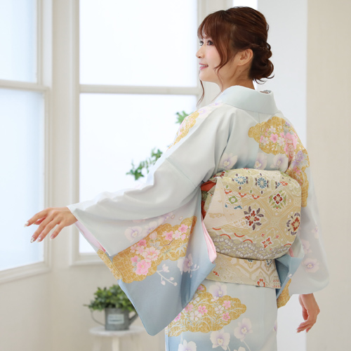 訪問着 レンタル 19点フルコーディネートレンタルセット「水色地に金の雲取りと花」結婚式 入学式 七五三 ママ 訪問着 レンタル 19点フルコーディネートレンタルセット「水色地に金の雲取りと花」結婚式 入学式 七五三 ママ