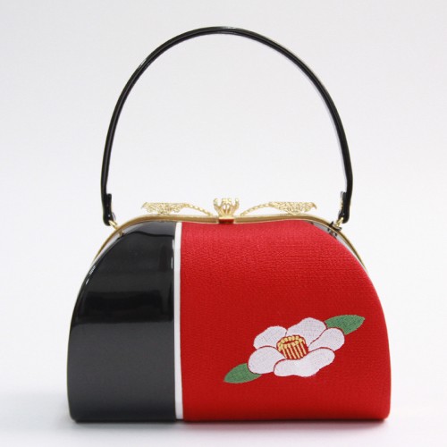 日本製 成人式 振袖用 合皮バッグ「赤地に椿刺繍」ちりめん 和装バッグ