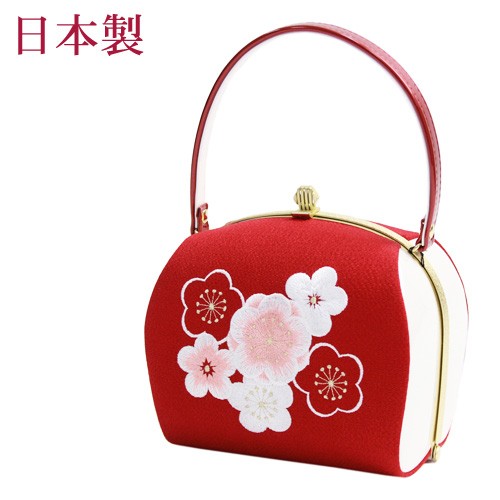 zu〕日本製 成人式 振袖用 合皮バッグ「赤地に梅刺繍」ちりめん 和装