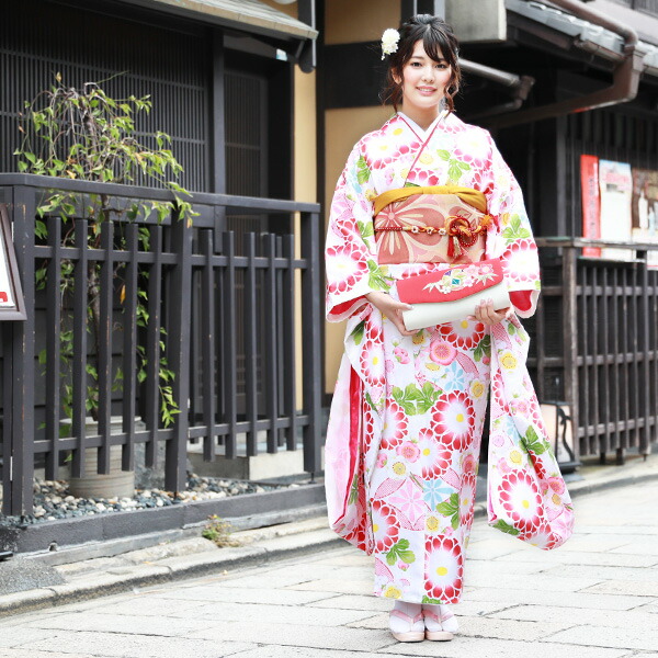 当店オリジナル 振袖6点セット 販売 購入「白地に七宝と菊」振袖 セット 高級 成人式 初詣 結婚式 小紋柄 古典柄 レトロ フォーマル 袋帯 長襦袢 帯締め 帯揚げ 重ね衿 当店オリジナル 振袖6点セット 販売 購入「白地に七宝と菊」振袖