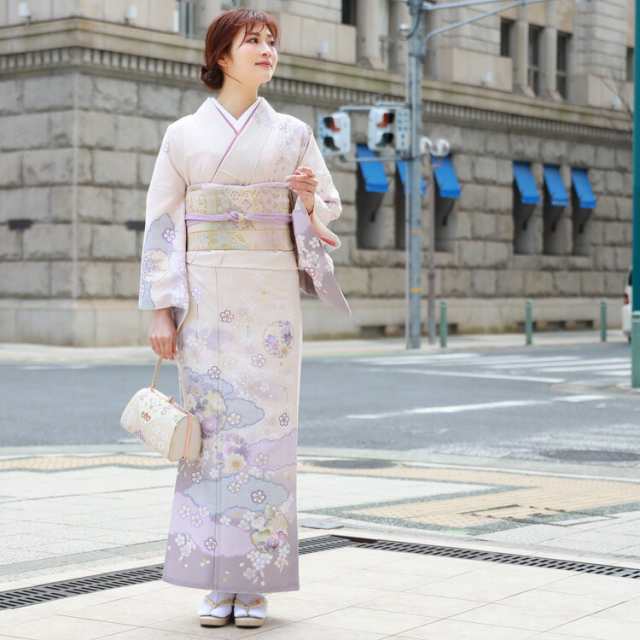 訪問着 レンタル 19点フルコーディネートレンタルセット「紫ぼかし生成り地に雪輪と雲どり」結婚式 入学式 七五三 ママ レトロ モダン 30代 40代 50代 訪問着 レンタル 19点フルコーディネートレンタルセット「紫ぼかし生成