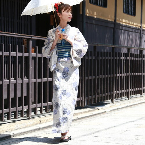 浴衣 レディース セット レトロ  綿麻浴衣3点セット 「アイボリーに青紫陽花と紺あじさい」 浴衣 紫陽花 古典柄  大人 豊富な，新作 浴衣 レディース セット レトロ 綿麻浴衣3点セット