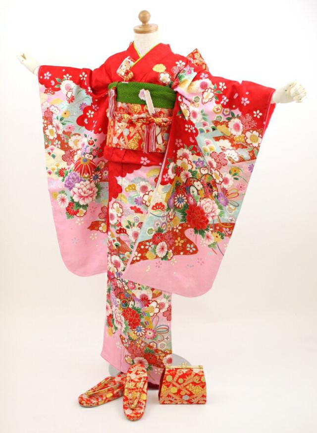 七五三着物セット レンタル 7歳 四つ身 雛祭り フルセット「赤地に花、桜」
