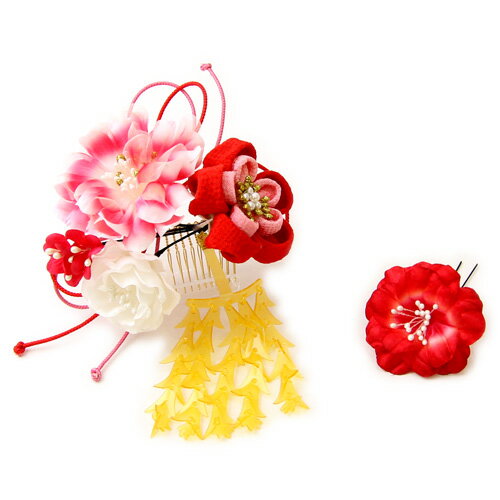 髪飾り 成人式 袴「つまみ細工びらびら付き髪飾り2点セット」コーム コサージュ アートフラワー 赤 ピンク ゴールド ヘアアクセサリー 髪飾り 成人式 袴「つまみ細工びらびら付き髪飾り2点セット」コーム