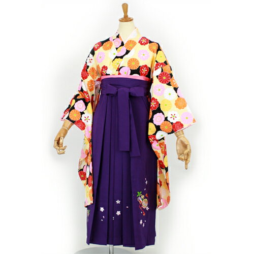 【7泊8日レンタル】卒業式 袴 レンタル 女 小学校卒業「黒地に花・紋 袴：紫」ジュニア卒業式袴セット2尺袖着物＆袴 フルセットレンタル 安いの通販は