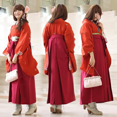 往復送料0円］卒業式 2尺袖着物＆袴 フルセットレンタル L 2L 赤 袴