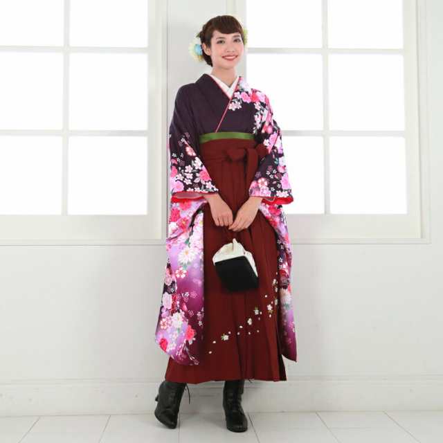 卒業式 袴4点セット 赤地に黒ぼかし菊と藤19-hakama-018-4set