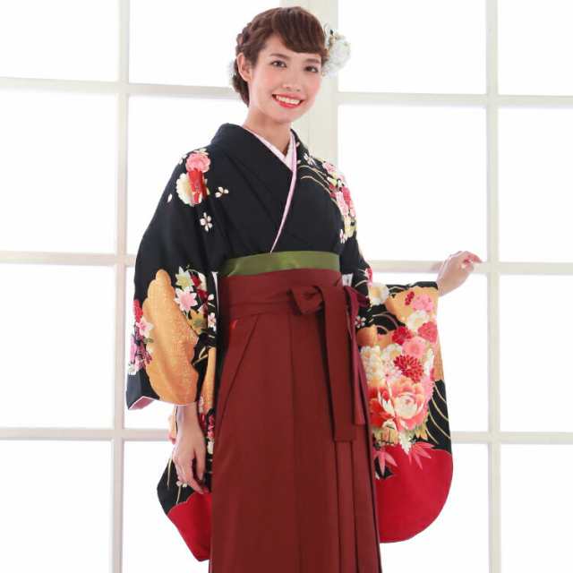 卒業式 袴 レンタル袴セット卒業式袴セット2尺袖着物＆袴 フルセットレンタル「黒地に金・赤の雲 赤系の牡丹と水流 桜」｜au PAY マーケット