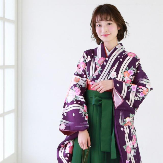 卒業式 袴 レンタル 女 袴セット 女性 卒業式袴セット 「紫地に変わり縞とレトロな花々」 レトロ 卒業式 袴 レンタル 女 袴セット 女性 卒業式袴セット 「紫地に変わり