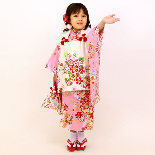 七五三 3歳 レンタル 女の子 正絹被布着物10点セット「ピンク地に花車と
