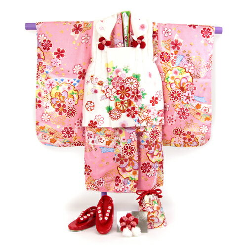 七五三 3歳 レンタル 女の子 正絹被布着物10点セット「ピンク地に花車と