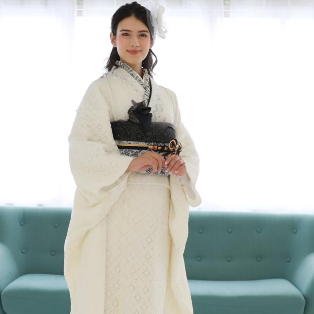 最大20日間レンタル 振袖 成人式 レンタル シンプル20点フルセット 「レース七宝柄オフホワイト」 成人式 モード 結婚式 フォーマル レース 生成り 白 オフ_11