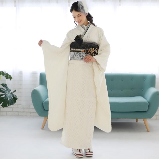 最大20日間レンタル 振袖 成人式 レンタル シンプル20点フルセット 「レース七宝柄オフホワイト」 成人式 モード 結婚式 フォーマル レース 生成り 白 オフ_4