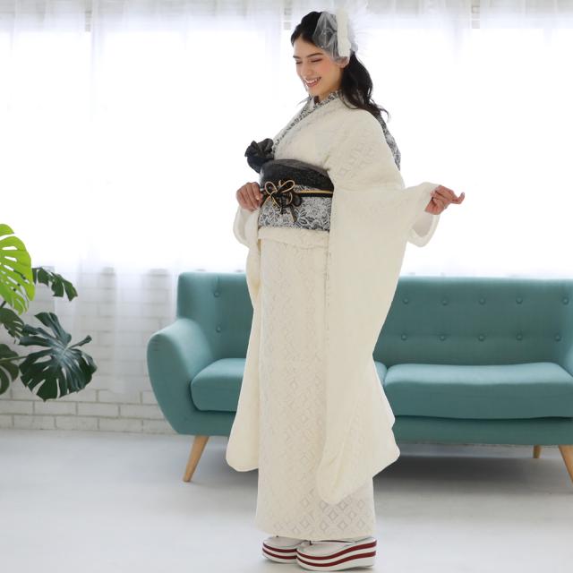 最大20日間レンタル 振袖 成人式 レンタル シンプル20点フルセット 「レース七宝柄オフホワイト」 成人式 モード 結婚式 フォーマル レース 生成り 白 オフ_9