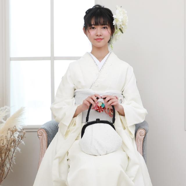 最大20日間レンタル 振袖 成人式 レンタル シンプル20点フルセット 「生成り地に花紋」 成人式 モード 結婚式 フォーマル 赤 地紋 生成り 白 オフ_3