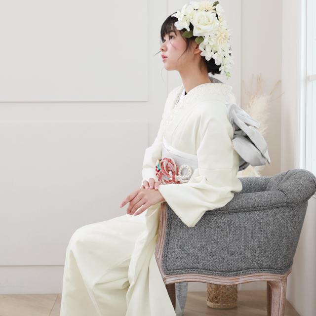 最大20日間レンタル 振袖 成人式 レンタル シンプル20点フルセット 「生成り地に花紋」 成人式 モード 結婚式 フォーマル 赤 地紋 生成り 白 オフ_5