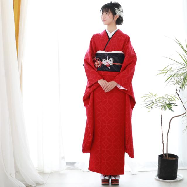 最大20日間レンタル 振袖 成人式 レンタル シンプル21点フルセット 「赤地に花紋」 成人式 結婚式 フォーマル 赤 地紋 赤色_3