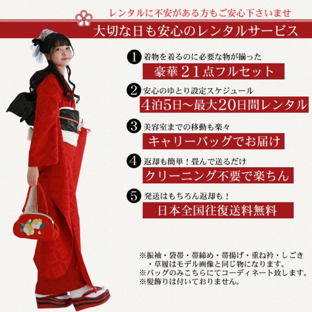 最大20日間レンタル 振袖 成人式 レンタル シンプル21点フルセット 「赤地に花紋」 成人式 結婚式 フォーマル 赤 地紋 赤色_1