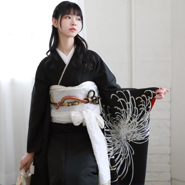 黒地モノトーン薔薇と乱菊のシックな振袖フルセット 黒地モノトーン シック 乱菊と薔薇の振袖フルセット