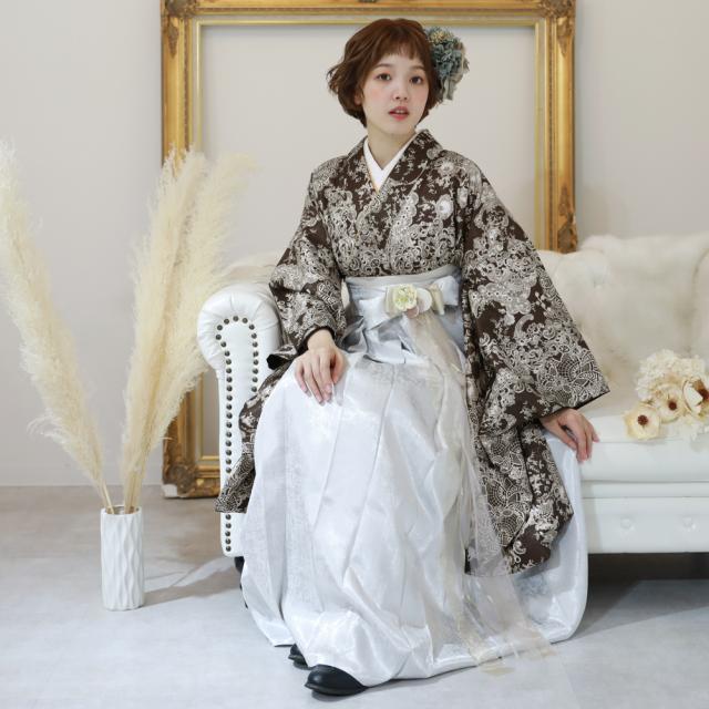 卒業式 袴 レンタル 女 大学 フルセット 袴セット 女性 卒業式袴セット 袴フルセット 「茶色に花とレース模様」レンタル シンプル 大人