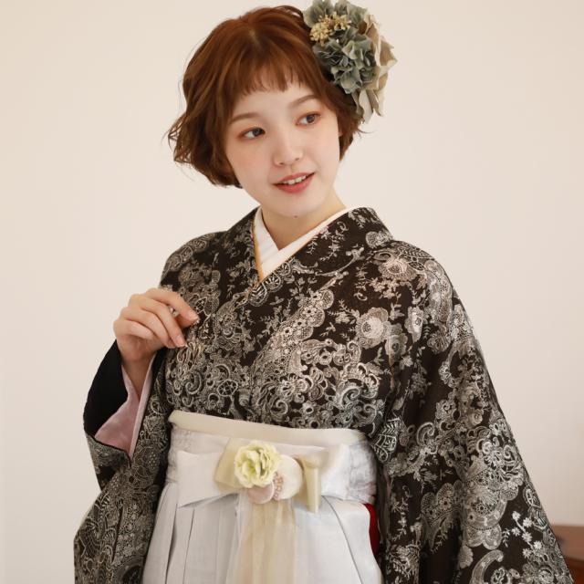 卒業式 袴 レンタル 女 大学 フルセット 袴セット 女性 卒業式袴セット 袴フルセット 「茶色に花とレース模様」レンタル シンプル 大人