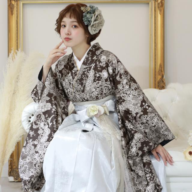 卒業式 袴 レンタル 女 大学 フルセット 袴セット 女性 卒業式袴セット 袴フルセット 「茶色に花とレース模様」レンタル シンプル 大人