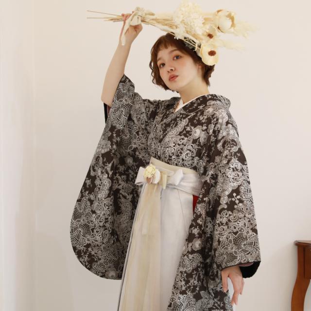 卒業式 袴 レンタル 女 大学 フルセット 袴セット 女性 卒業式袴セット 袴フルセット 「茶色に花とレース模様」レンタル シンプル 大人