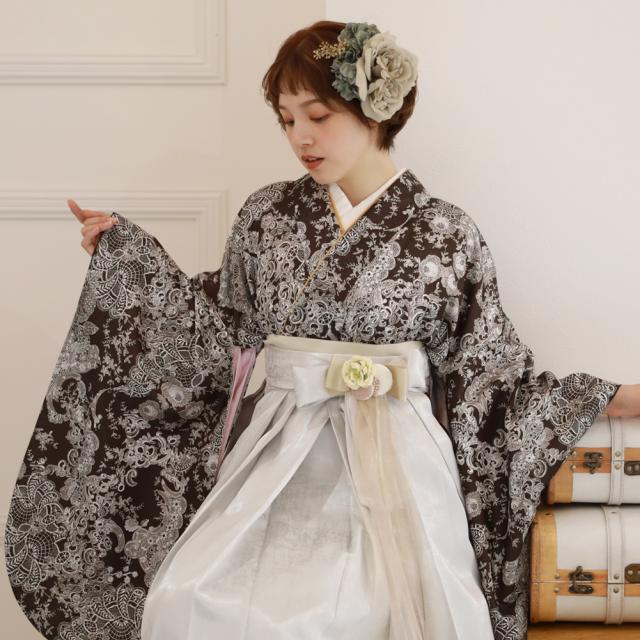 卒業式 袴 レンタル 女 大学 フルセット 袴セット 女性 卒業式袴セット 袴フルセット 「茶色に花とレース模様」レンタル シンプル 大人